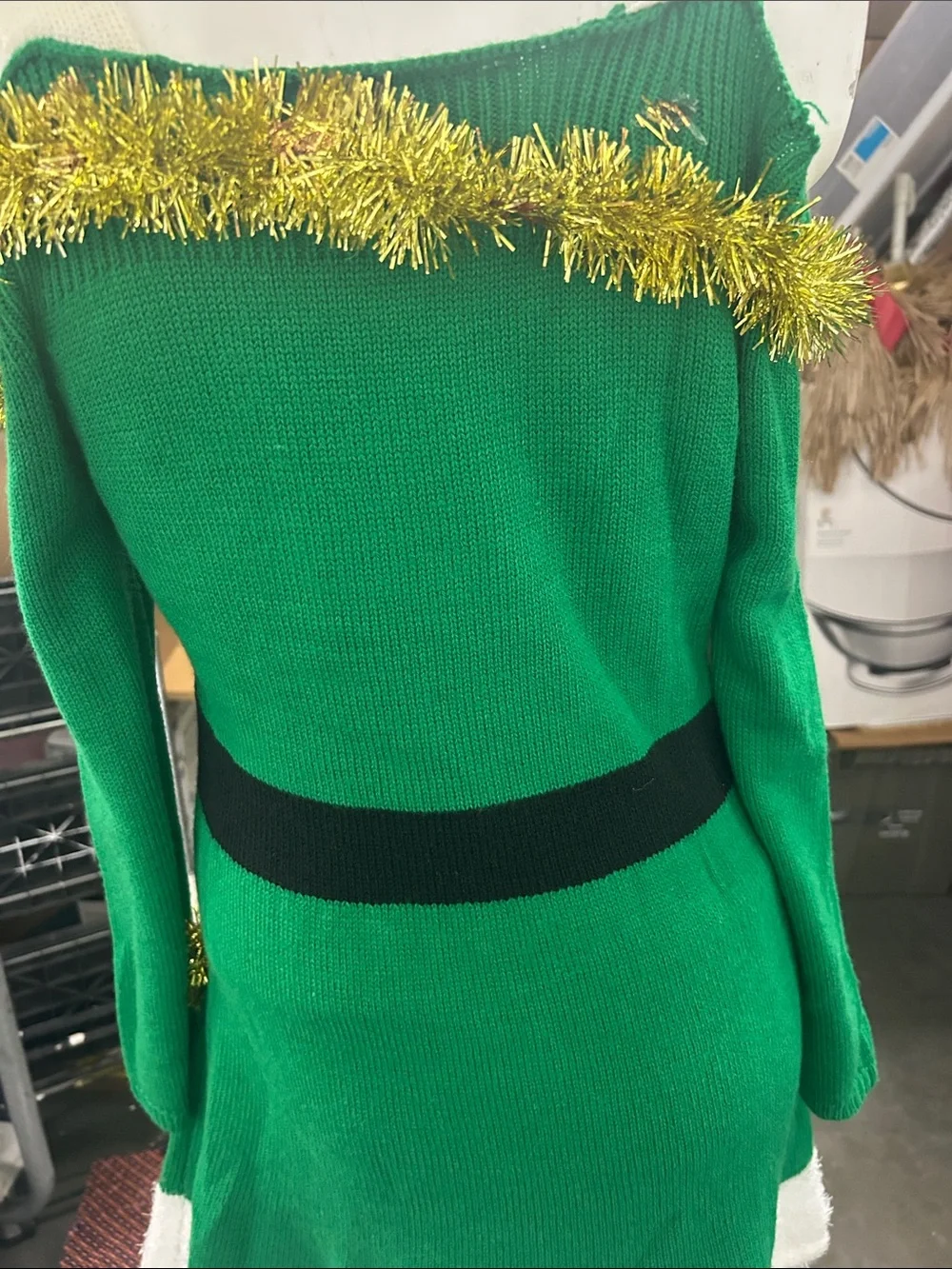 Women’s Green Elf Holiday Costume Dress with Tinsel Trim